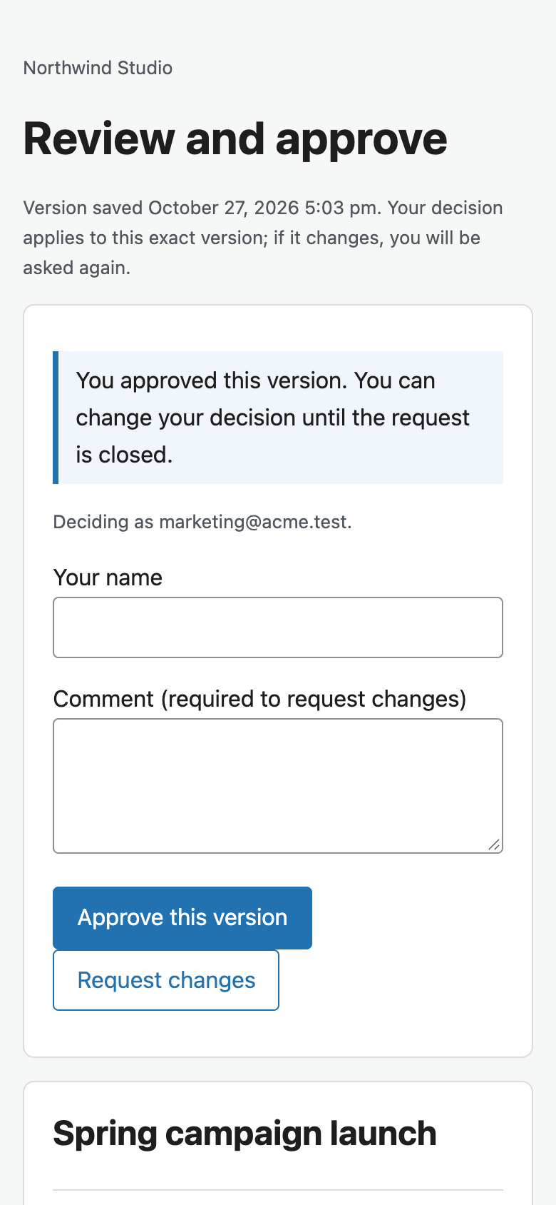 Client review page on a phone
