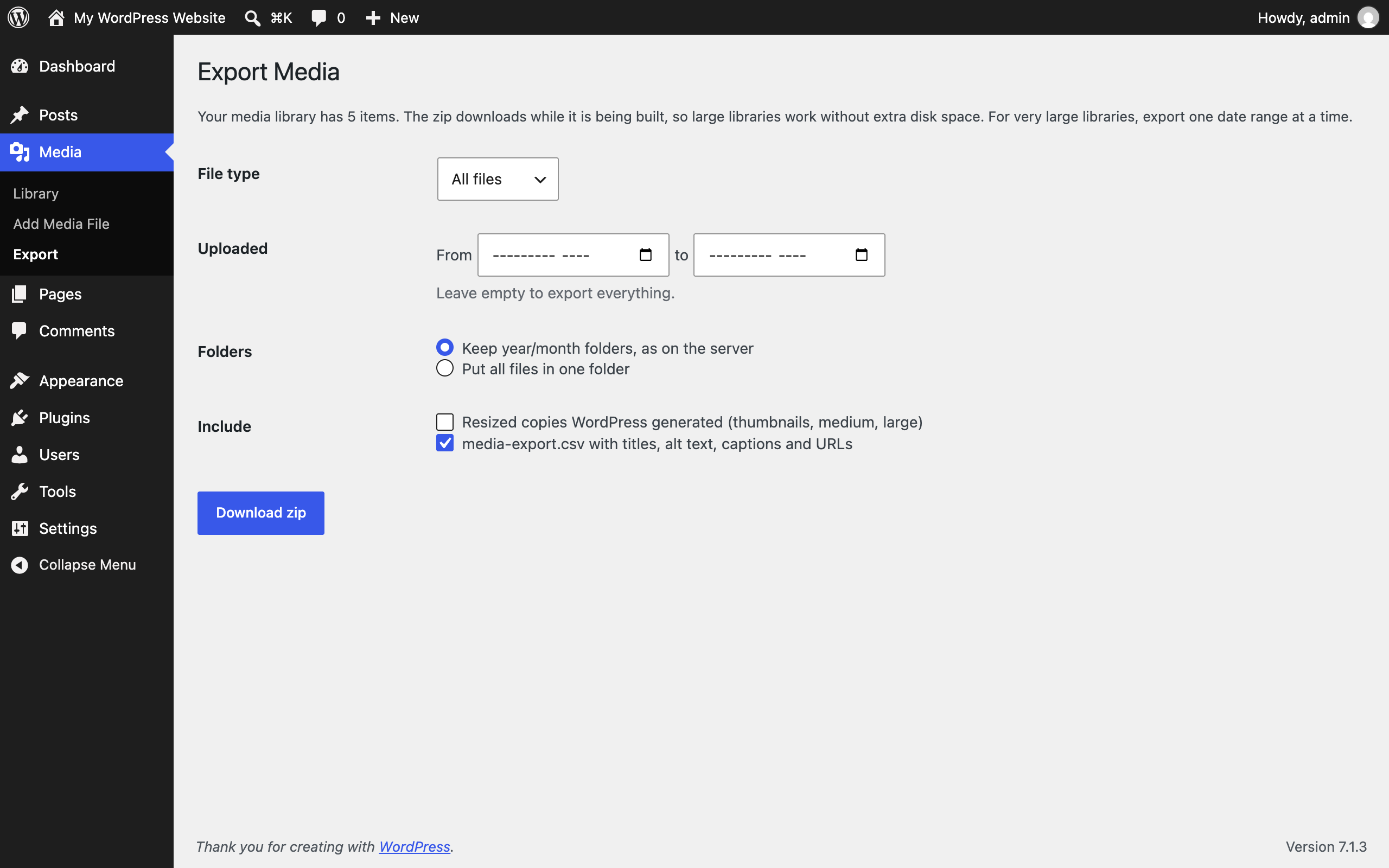 Media, Export page with file type, date range, folder and include options