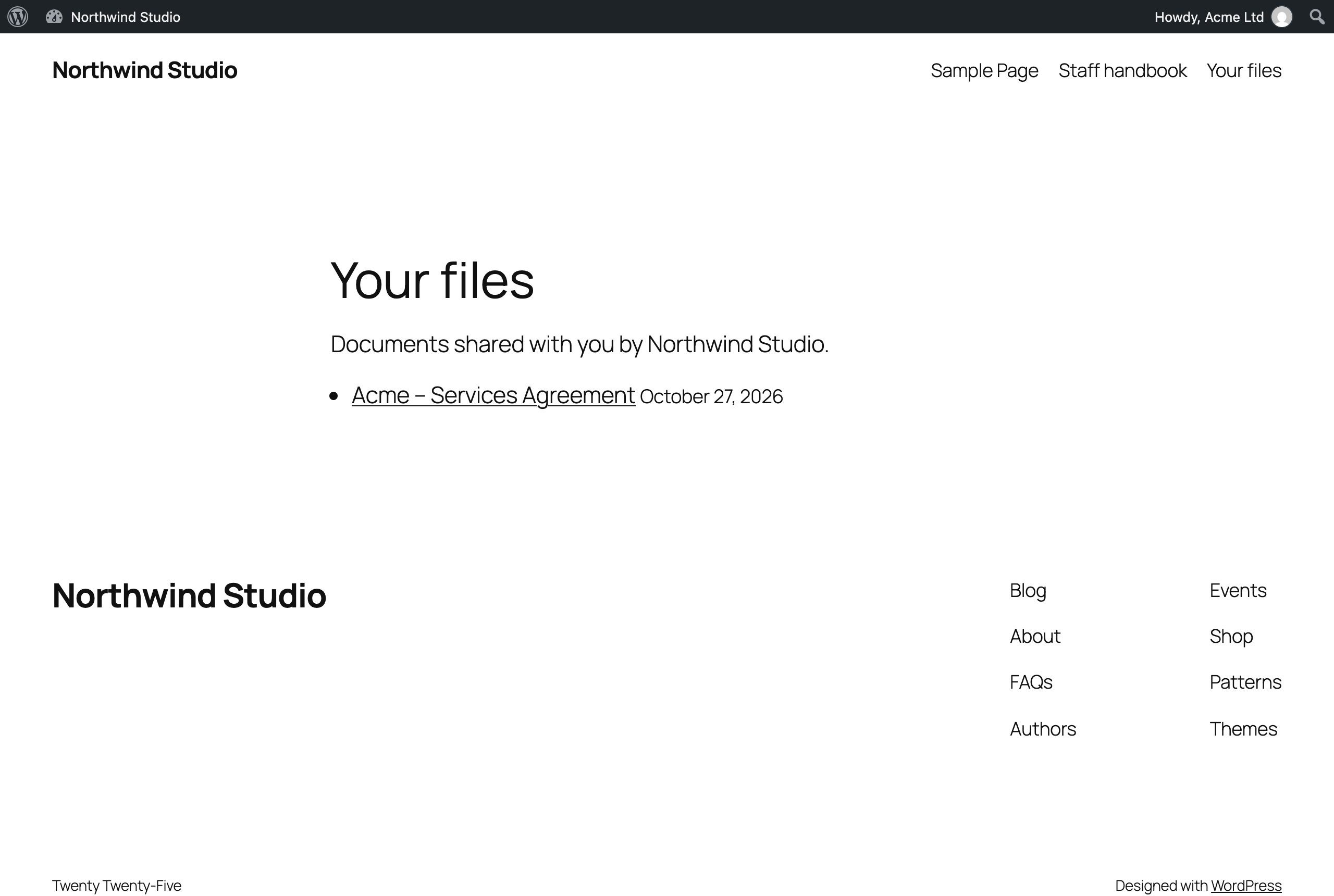 A client's My files page listing one shared document