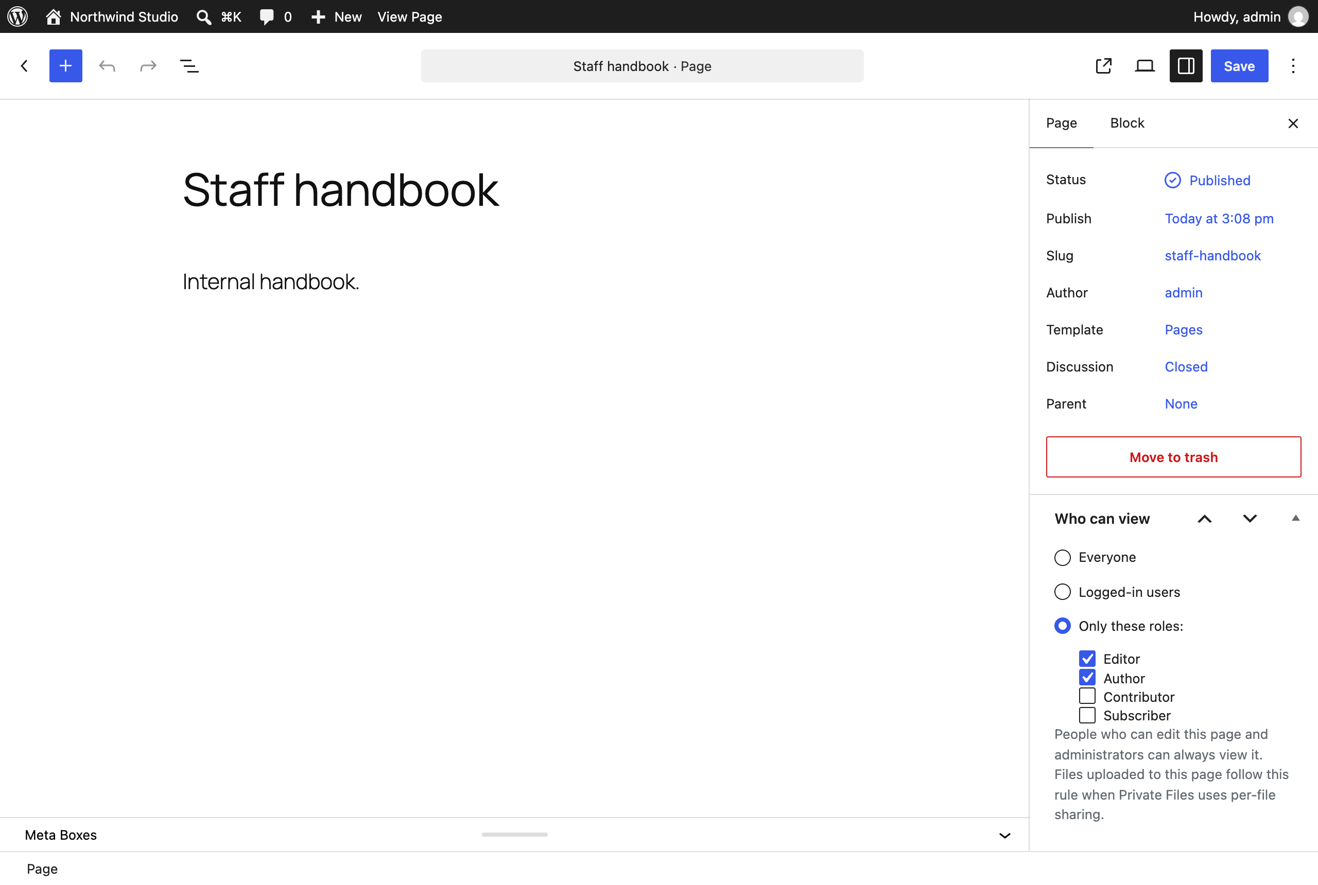 Who can view box in the block editor sidebar