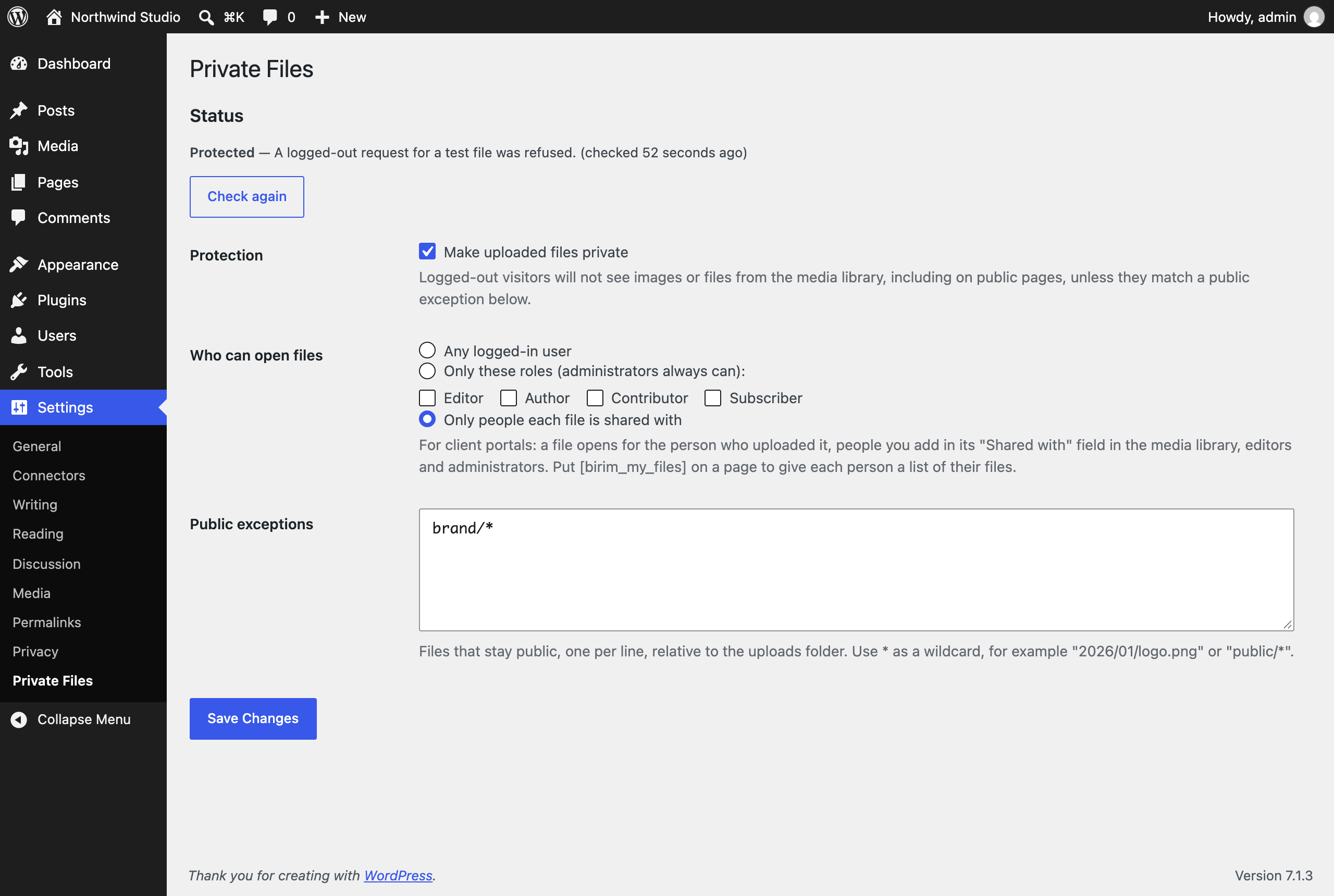 Private Files settings page showing status Protected