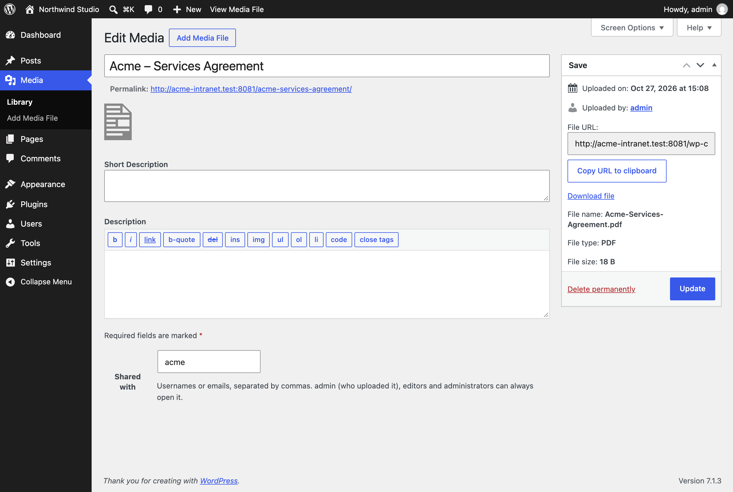 Shared with field on a file in the media library