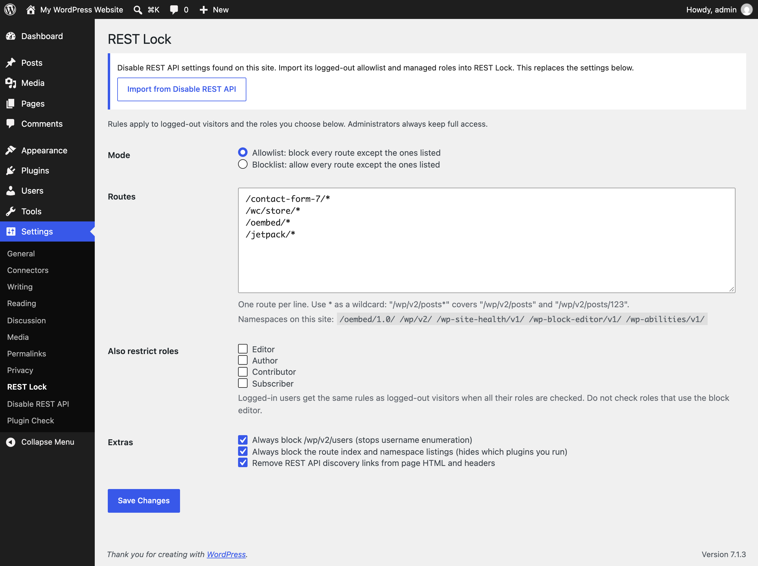 REST Lock settings page