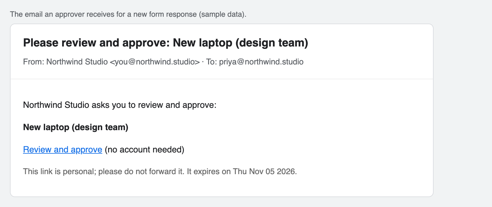 Email asking the manager to review a laptop request, with a personal link