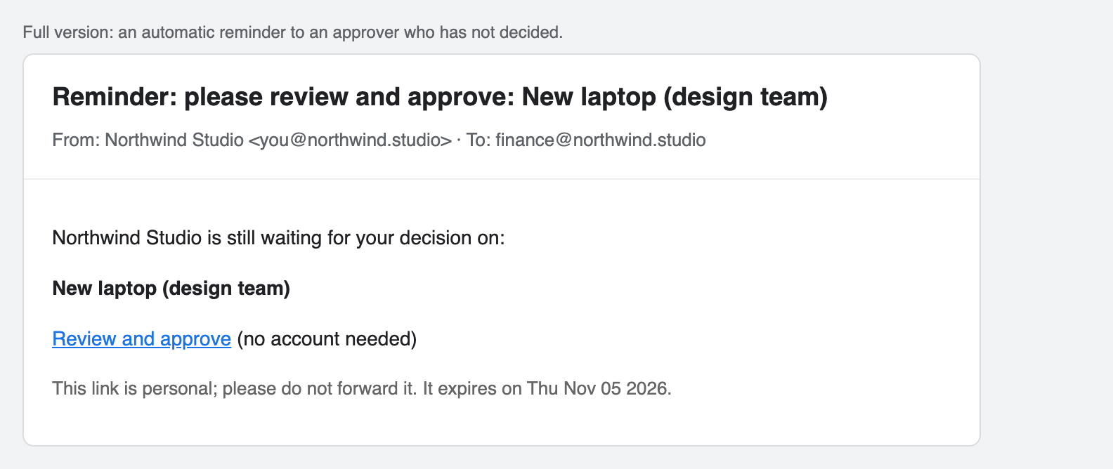 Reminder email to an approver who has not decided