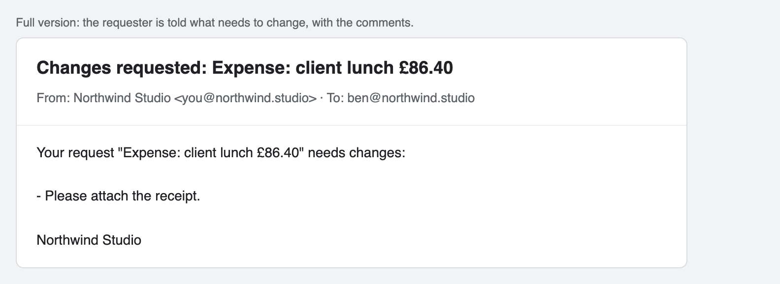 Email telling the requester their expense needs a receipt