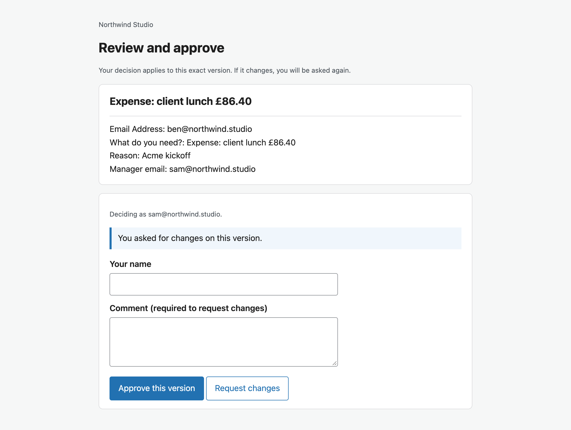 Approver page showing the approver asked for changes on an expense