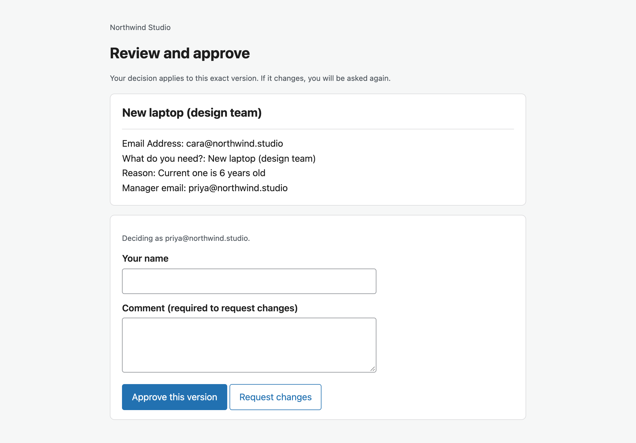 Approver page showing every form answer for a laptop request