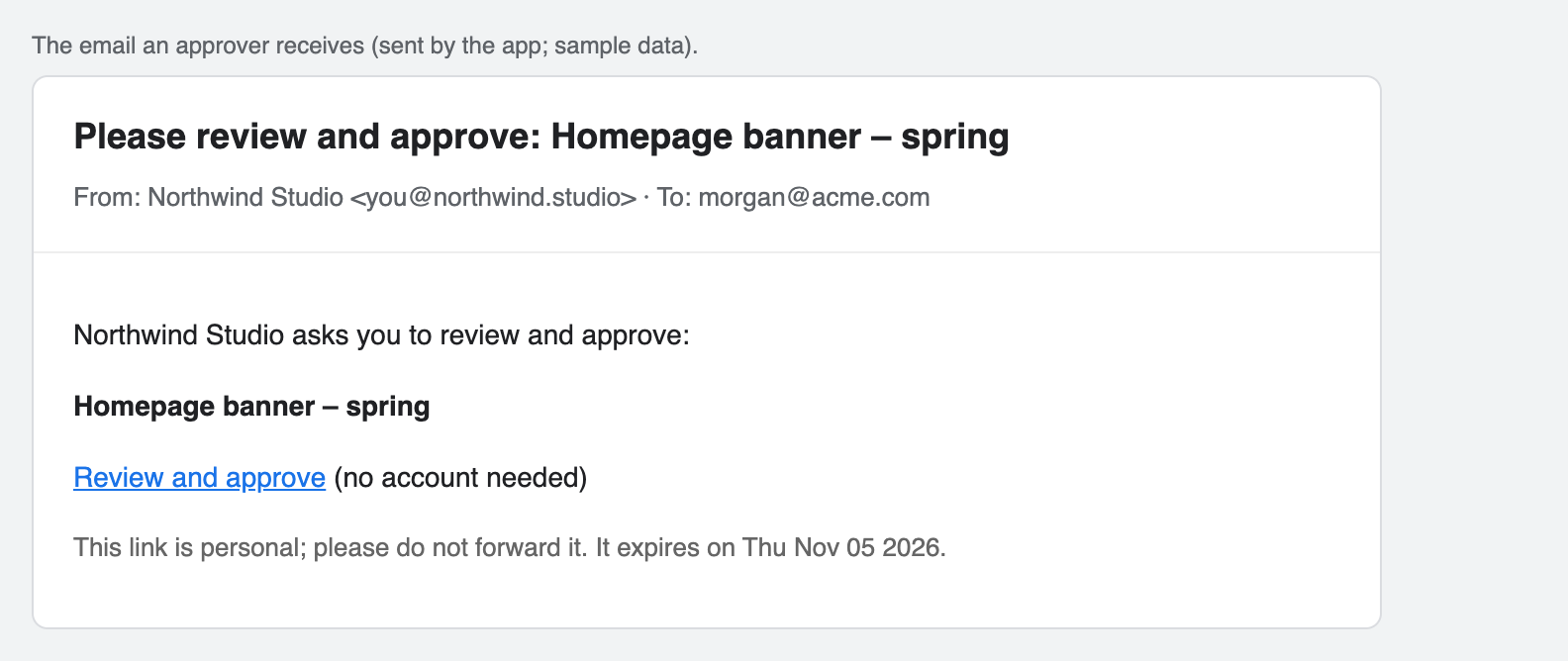Email asking an approver to review the homepage banner, with a personal link