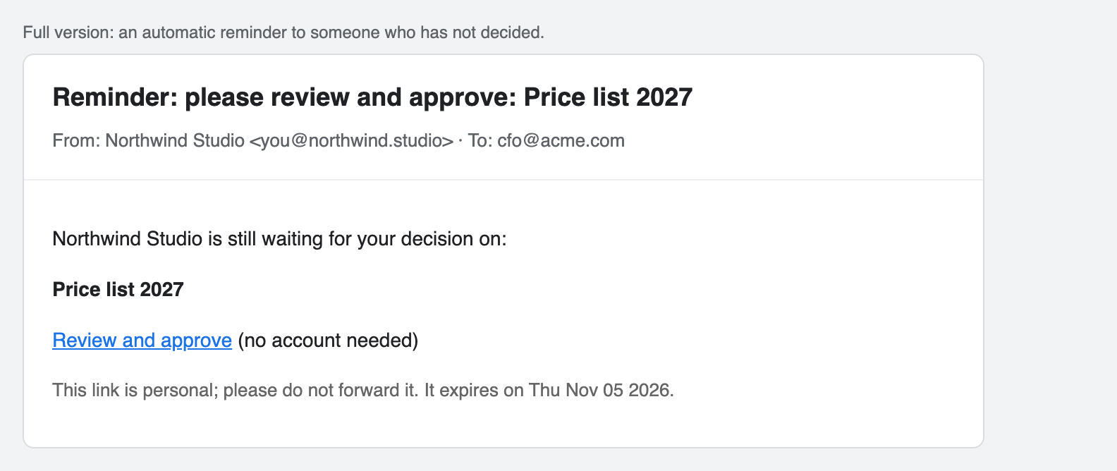 Reminder email to an approver who has not decided