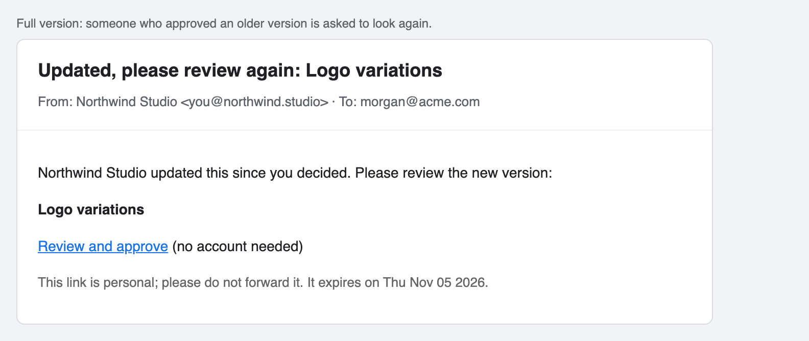 Email asking an approver to review an item again after it changed