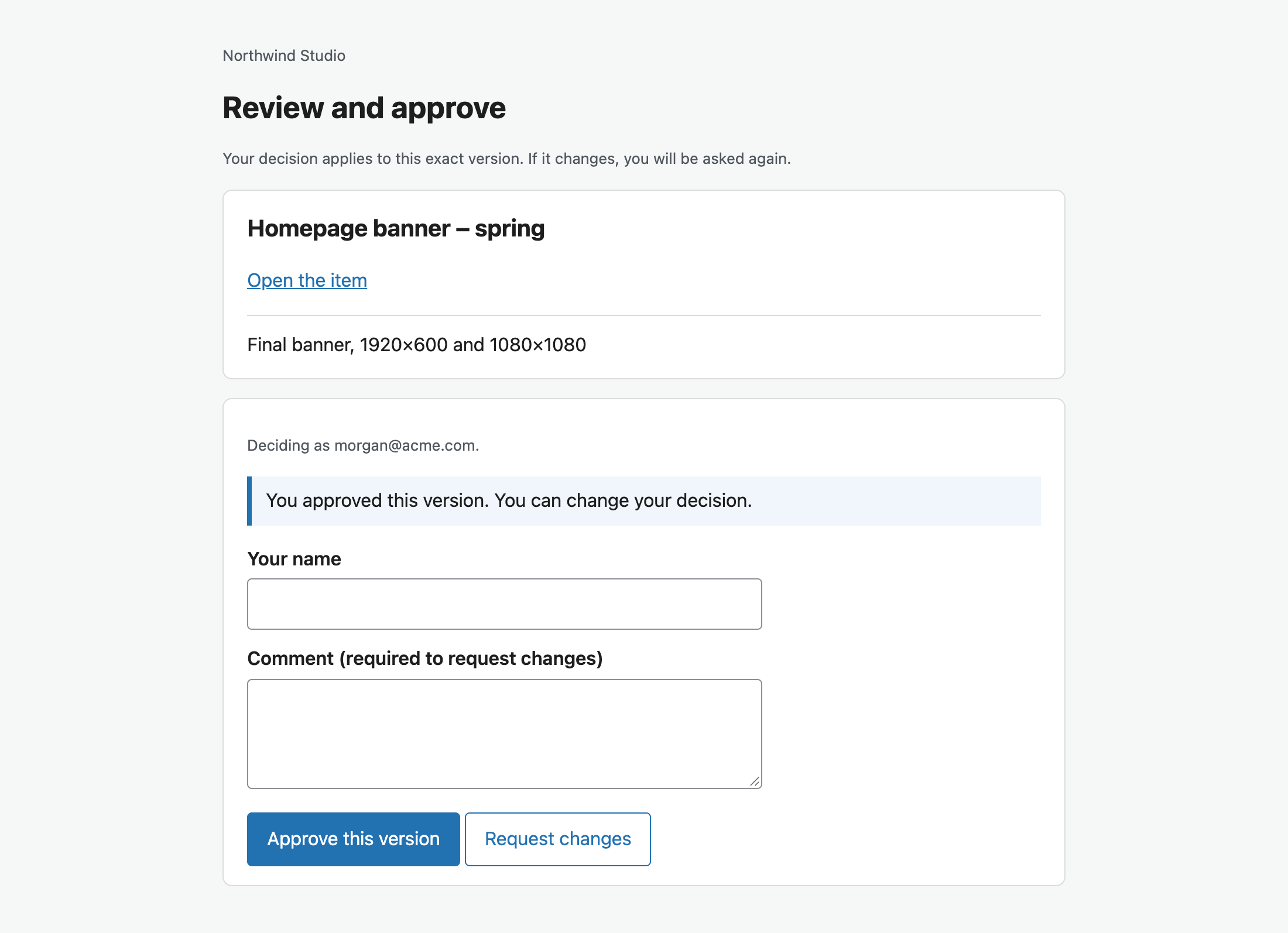 Approver page showing the approver already approved this version