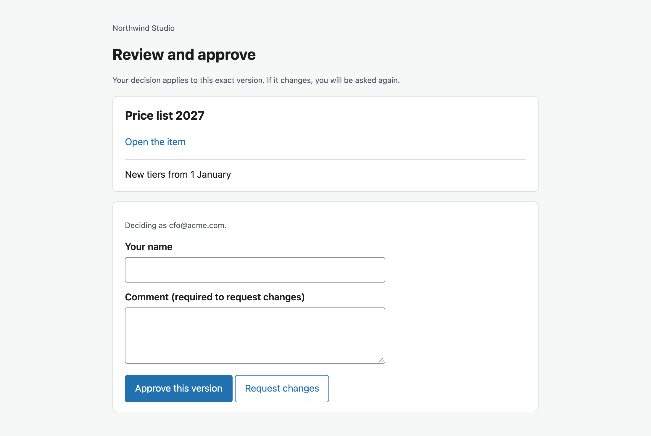 Approver page for the 2027 price list with Approve and Request changes buttons