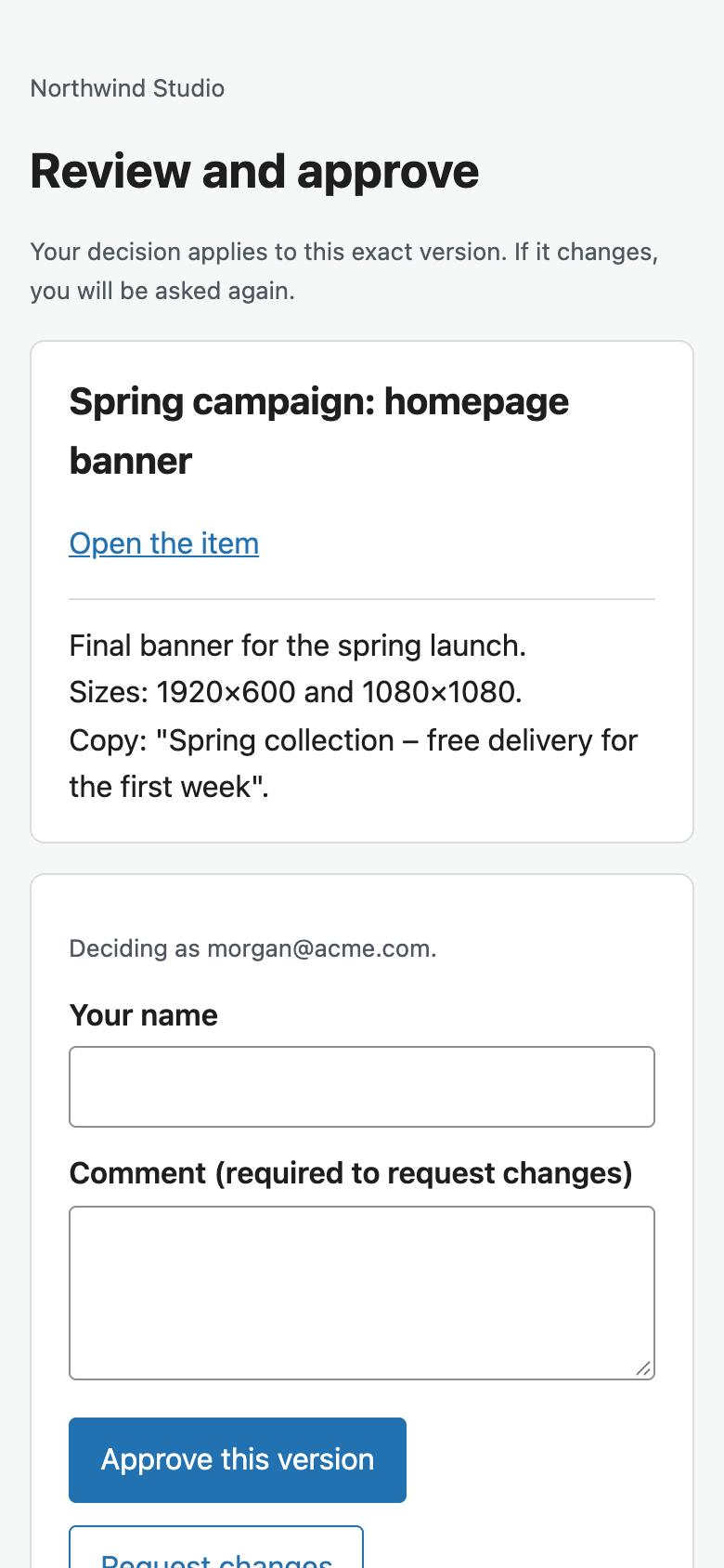The approver page on a phone