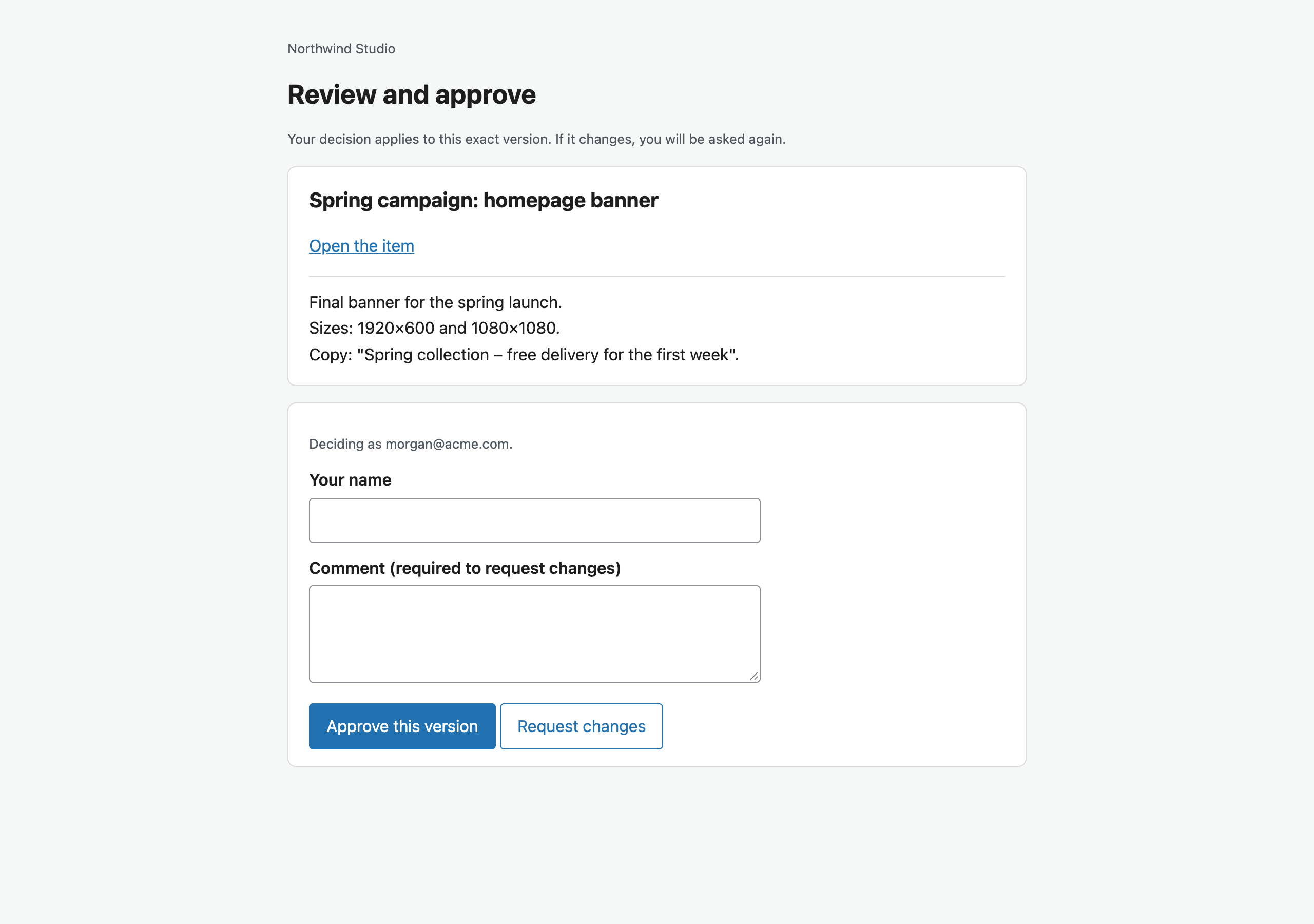 The page an approver sees: the item, a link, details, and Approve or Request changes buttons